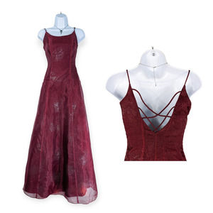 Vintage 90S Prom Dress Maxi Ball Gown Goth Sparkle Y2K Goth Red Silver Maroon S